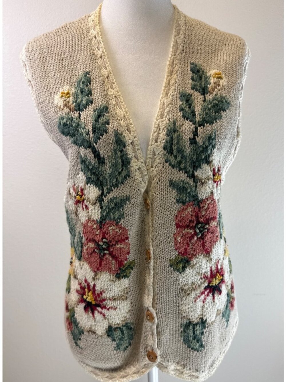 VTG Marisa Christina Hand Knitted Floral Cottagecore Granny Sweater Vest Small